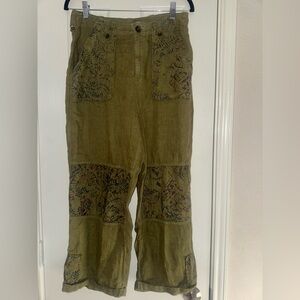 Free People Olive Linen Cargo Pants with Pattern
